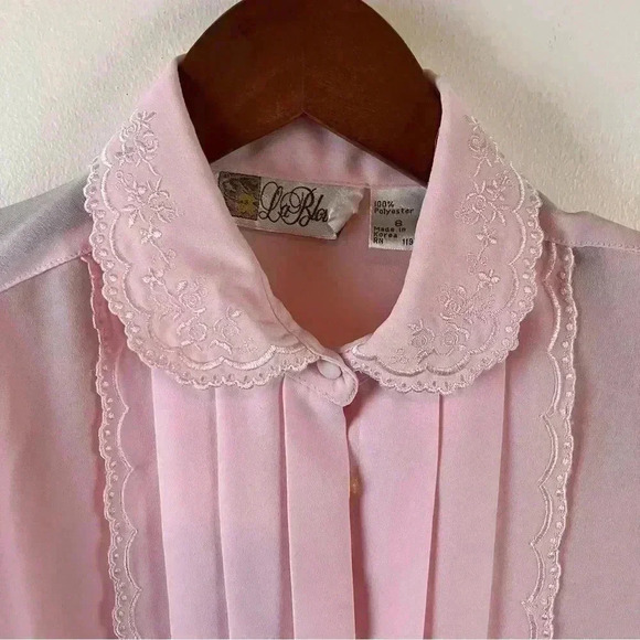 VTG 80s Sz. 8 Sheer Puff-Sleeve Pink Pleated Front Dainty Cottagecore Blouse - Picture 5 of 7